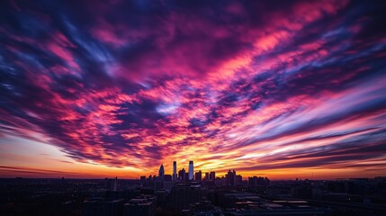 Vibrant sunset over Philadelphia skyline with colorful clouds painting the evening sky