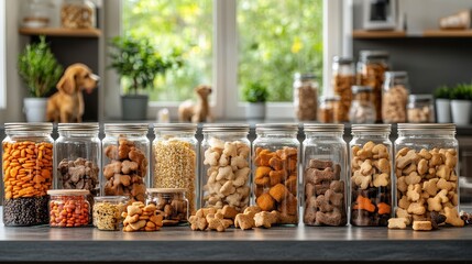 Variety of dog treats displayed in a modern kitchen, promoting pet health and happiness
