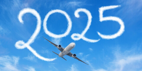 Happy New year 2025 concept enjoy travel on the blue background below cloudscape. Drawing by...