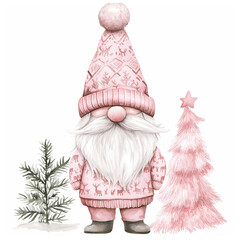Pink Christmas Gnome with Winter Trees