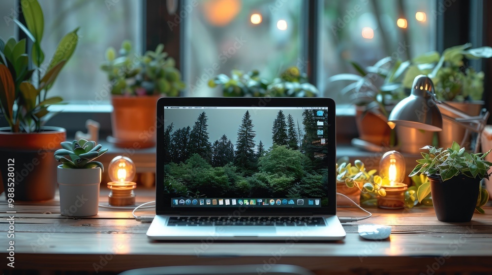 Aufkleber laptop mockup on a stylish office desk with tech gadgets, featuring a project management tool with a