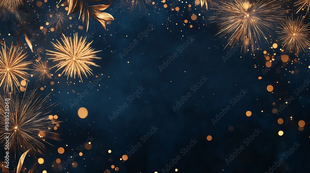 Poster minimalistic card featuring deep navy background with abstract golden fireworks subtly scattered acr