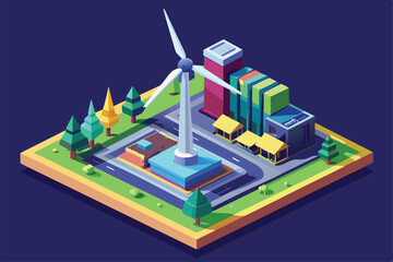 A vibrant isometric illustration showcases a wind turbine surrounded by trees and contemporary buildings in an urban setting.