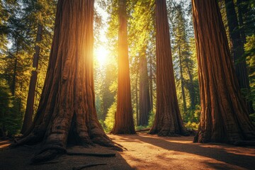 A majestic forest of giant redwood trees, their massive trunks towering high above