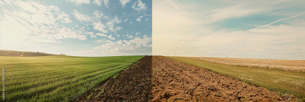 Poster lush field with healthy grass on the left and a desolate patch of land on the right and highlighting