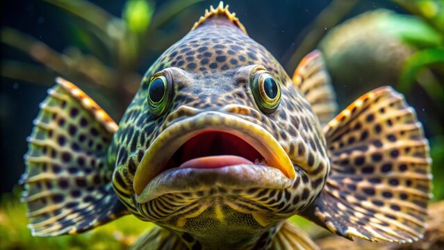 The plecostomus fish displays its unique armored exoskeleton as it navigates its aquatic environment with its powerful