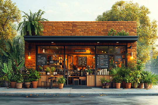 Organic coffee shop with compostable cups, plant-based menu options, and customers enjoying eco-friendly surroundings