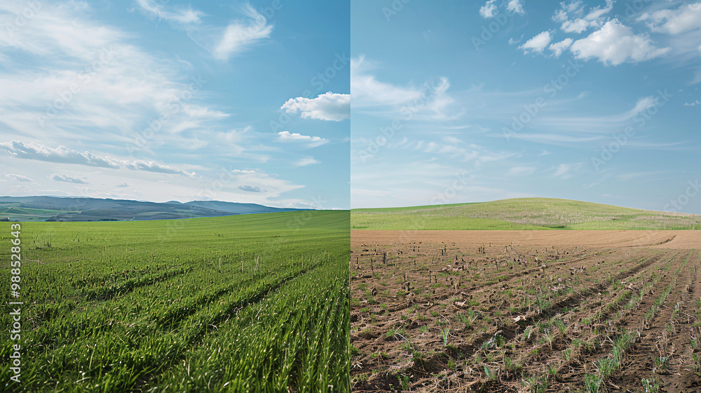 Poster lush field with healthy grass on the left and a desolate patch of land on the right and highlighting