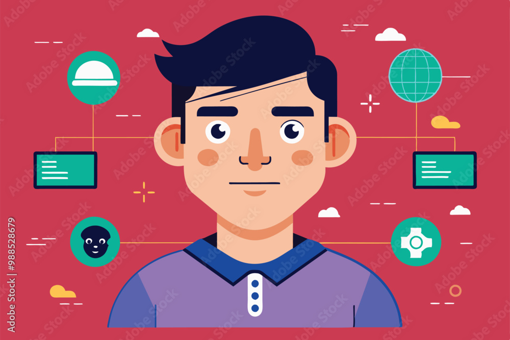 Poster a young man interacts with various digital graphics and icons representing technology and communicat