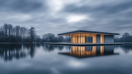 Obraz premium Modern Pavilion Reflecting on a Tranquil Lake