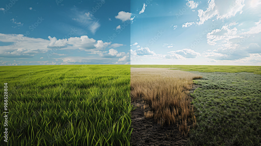 Poster lush field with healthy grass on the left and a desolate patch of land on the right and highlighting