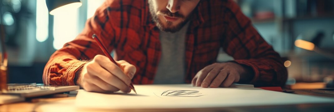 Designer crafting a logo, softly blurred creative workspace in the background, showcasing the artistry and inspiration of design.