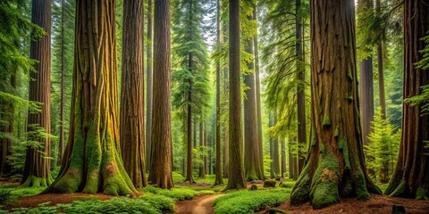 Obraz premium The scent of damp earth and pine fills the air as the forest of towering cedar trees surrounds,