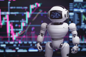 AI Robot Monitoring Stock Market Trends on Digital Screen