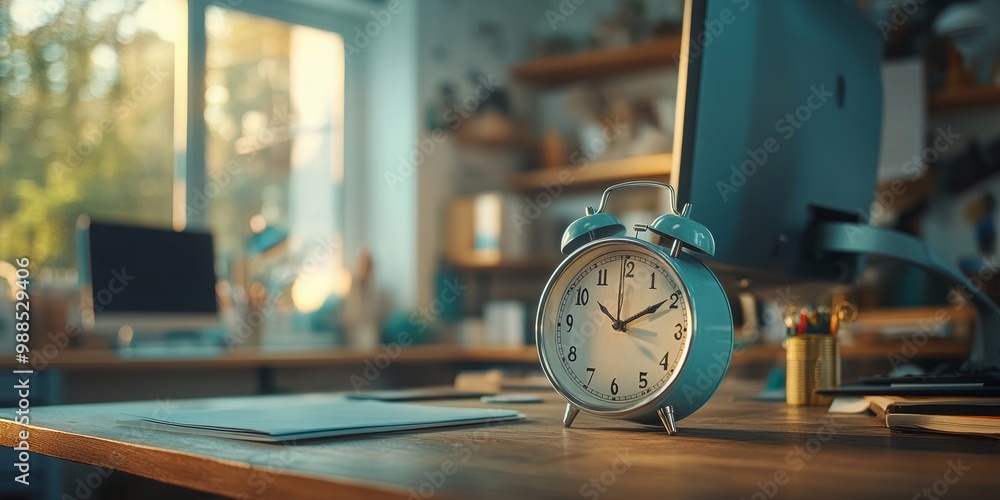 Poster desk clock and computer monitor, office scene with a ticking clock beside a monitor, blurred office 