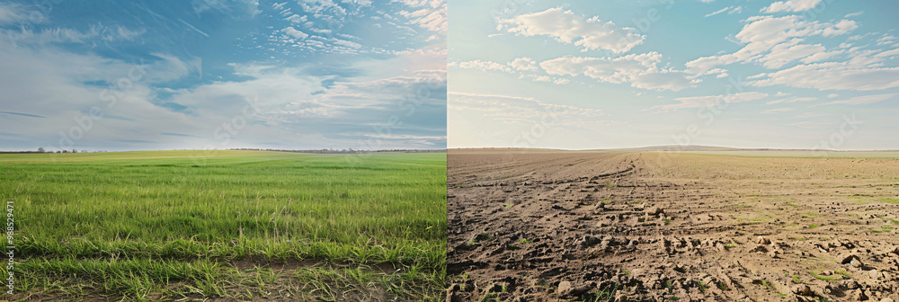 Poster lush field with healthy grass on the left and a desolate patch of land on the right and highlighting