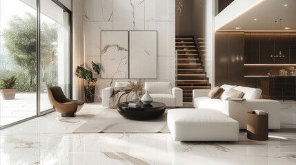 Modern interior house, neutral colors, modern furniture, marble floor, white walls.