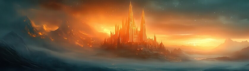 Fototapeta premium Enchanted castle with glowing towers, fantasy, rich colors, digital painting