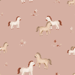 Seamless pattern with cute horse and flowers and stones in minimalist scandinavian style. Cartoon animals for children's design . Hand drawn illustration of beige and grey horse with maroon mane.