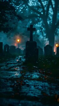 Video recreation of gravestones in a lugubrious cemetery at night	
