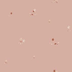 Seamless pattern with cute flowers and stones in minimalist scandinavian style. Cartoon botanical for children's design . Hand drawn illustration of beige and maroon herbs.