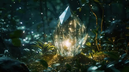 Gemini symbol carved into a floating crystal, glowing softly, set in a dark forest with magical light, no blur, fantasy style, full image