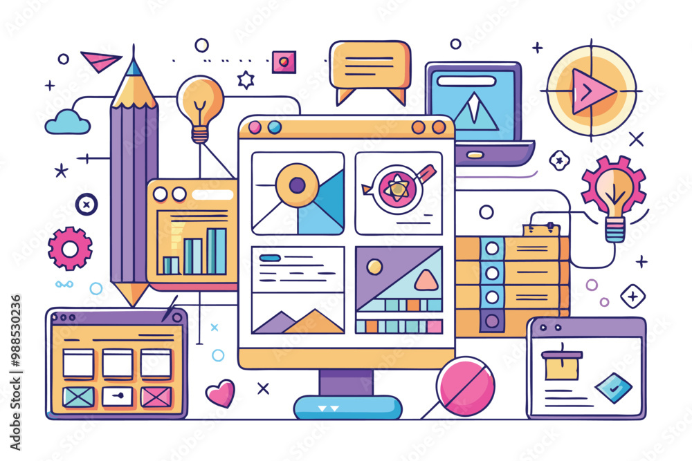 Poster a vibrant digital workspace showcases the wireframing process with customizable illustrations and es