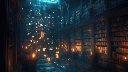 Naklejka premium A labyrinthine library with endless shelves of glowing books, the air filled with floating pages and magical energy.