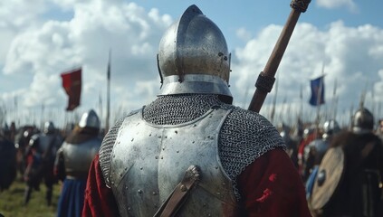 Man wearing Medieval Knights armor with heavy iron helmet
