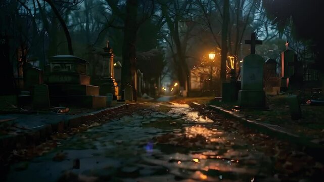 Video recreation of gravestones in a lugubrious cemetery at night