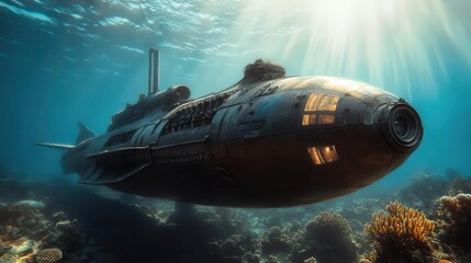 Steampunk submarine exploring a coral reef, sepia tones, detailed illustration