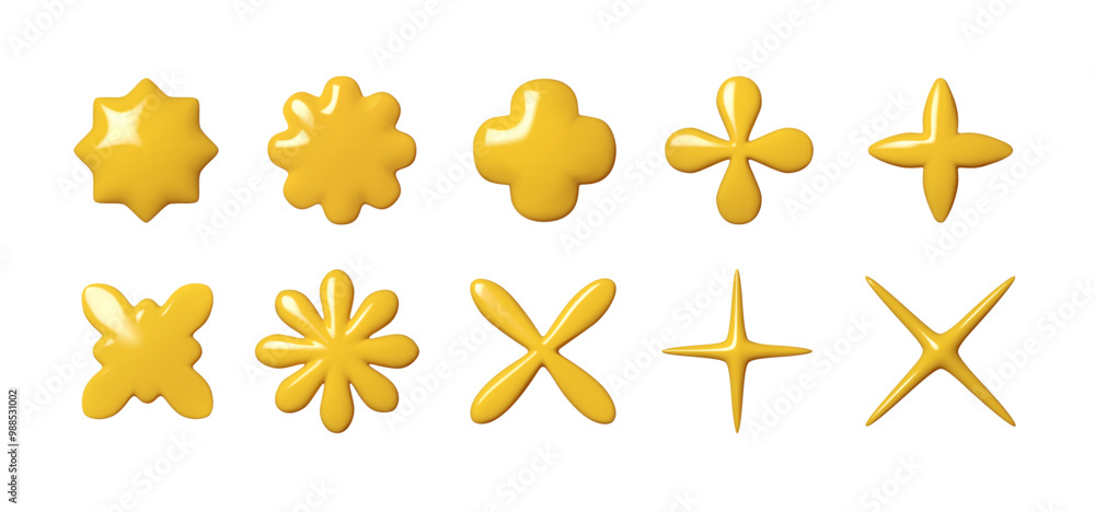 Poster set of abstract yellow shapes and symbols in glossy 3d style. flower shaped forms for creative desig