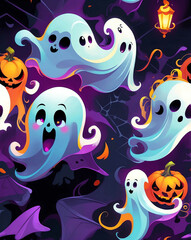 Obraz premium Spooky ghosts and cobwebs for Halloween seamless design pattern