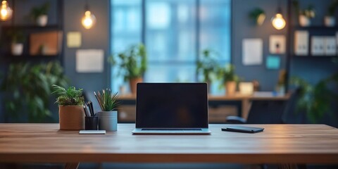 Fototapeta premium Cozy workspace with personal touches, laptop on a desk, softly blurred office ambiance enhancing focus and creativity