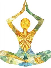 A stylized illustration of a person in a yoga pose with a sunburst pattern in the center, symbolizing inner peace and tranquility.