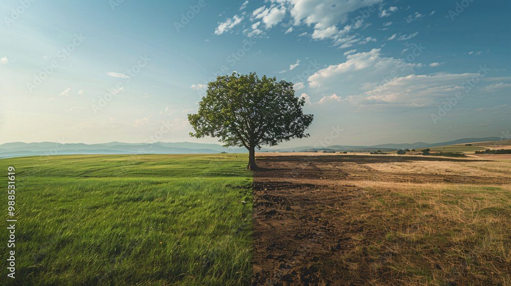 Poster meadow with rich and green grass on one side and dusty ground on the other and featuring one isolate