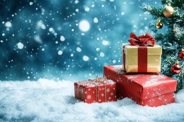 Christmas background. Christmas presents, Christmas, Christmas tree and snow copy-space with generative ai
