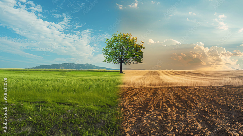 Poster meadow with rich and green grass on one side and dusty ground on the other and featuring one isolate