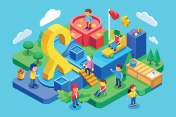 A vibrant isometric scene depicts various characters participating in joyful activities to celebrate World Down Syndrome Day.