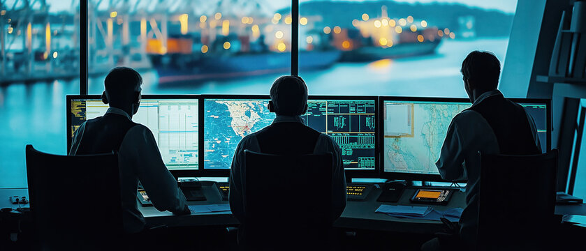 Three operators monitor shipping logistics from a control room, showcasing advanced technology and maritime management.
