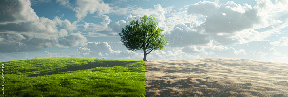 Poster meadow with rich and green grass on one side and dusty ground on the other and featuring one isolate