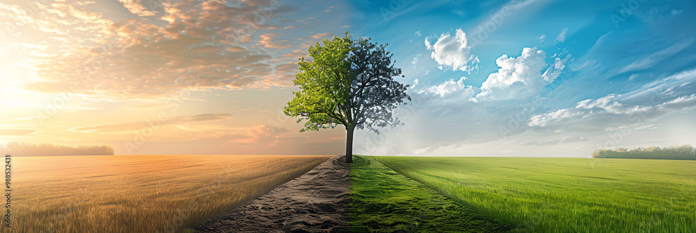 Poster meadow with rich and green grass on one side and dusty ground on the other and featuring one isolate