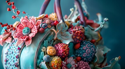 A sculpted cake in the shape of a handbag, intricately decorated with edible details, textures, and vibrant colors for a fashion-themed event. 8k UHD, suitable for high-quality printing or digital 