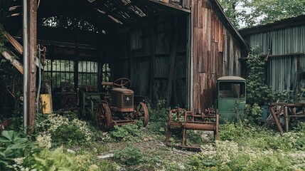 Abandoned Tractor Inside a Rusted and Decaying Wooden Shed
