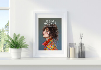 White Frame on a Shelf Mockup. Generative Ai