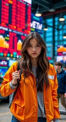 Obraz premium A young female trader is in the lobby of the stock exchange, Artificial Intelligence Generated.