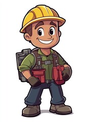 Obraz premium A cartoon illustration of a happy construction worker wearing a yellow hard hat, green shirt, blue jeans, brown boots, and carrying a backpack and tools.