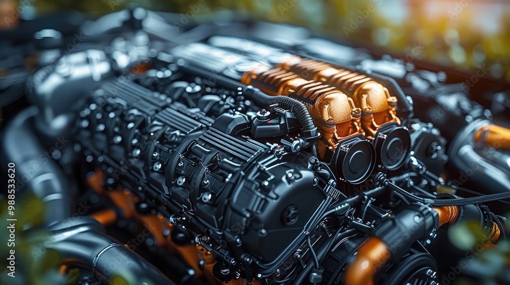 Poster close-up of the engine of an hybrid car in a specialized showroom, . the engine bay is open, showcas