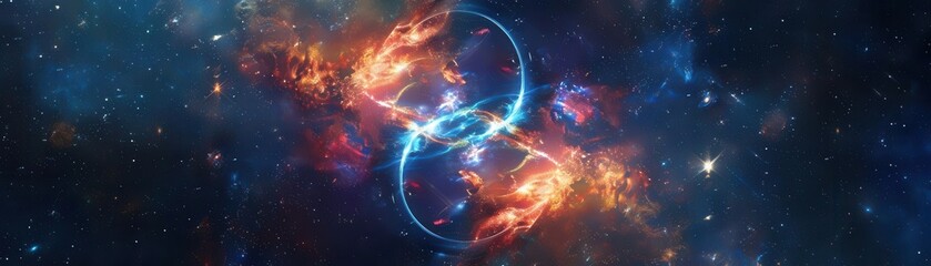 Obraz premium Gemini twin symbols made of glowing holographic light, intertwined and floating in a cosmic galaxy, with swirling stars and nebulae, sharp focus, no blur