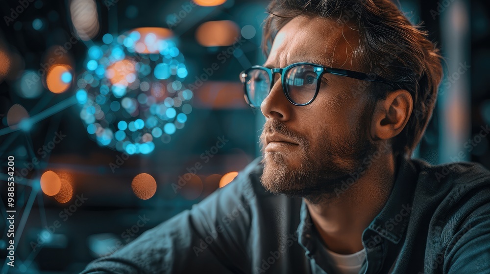 Aufkleber Caucasian man in glasses sitting on the table in front of us in glasses looking at the connecting the neural and mental connections mind projection on table, technology background.